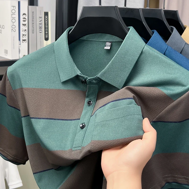 Men wide horizontal stripe short sleeve polo shirt three buttons lapel chest patch pocket breathable slim summer business top