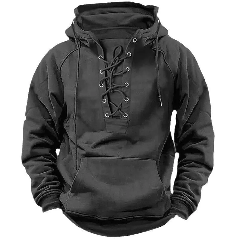 2025 Men's Lace Up Hoodie Fashion Solid Sweatshirt Casual Pullover Spring Kangaroo Pocket Casual Male Hooded Pullover Sportwear