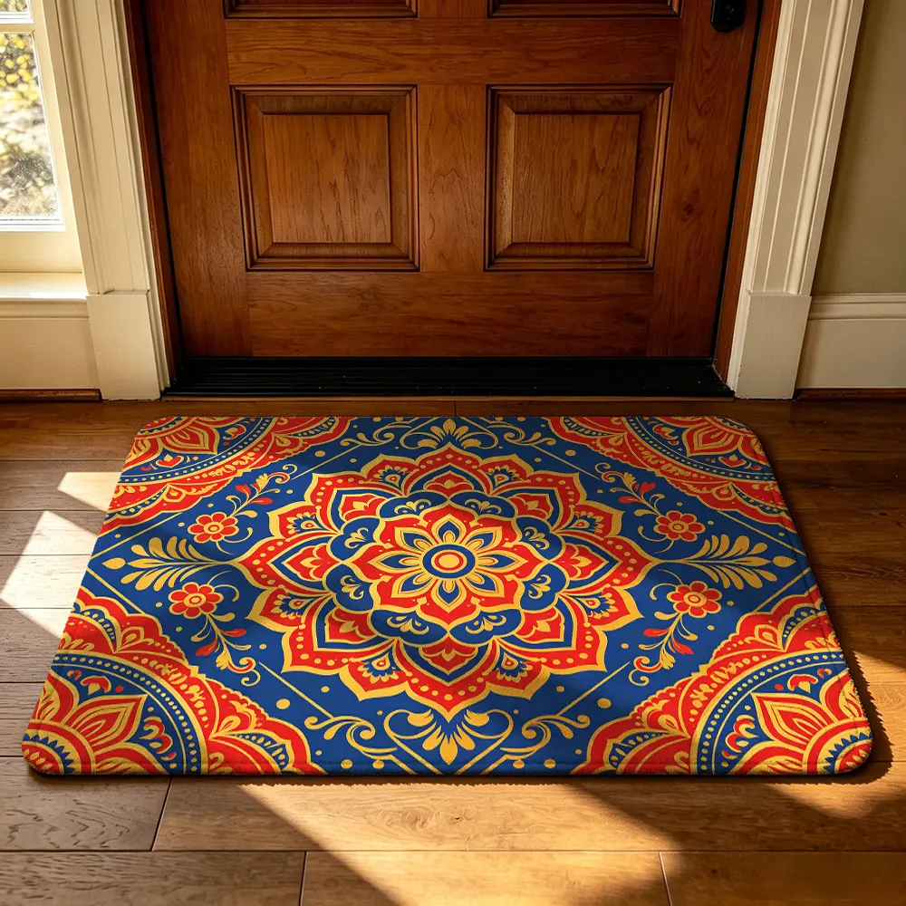 Tapis de porte en feutre à motif géométrique mandala, rouge, bleu, or, style ethnique, tapis d'entrée antidérapant et lavable.