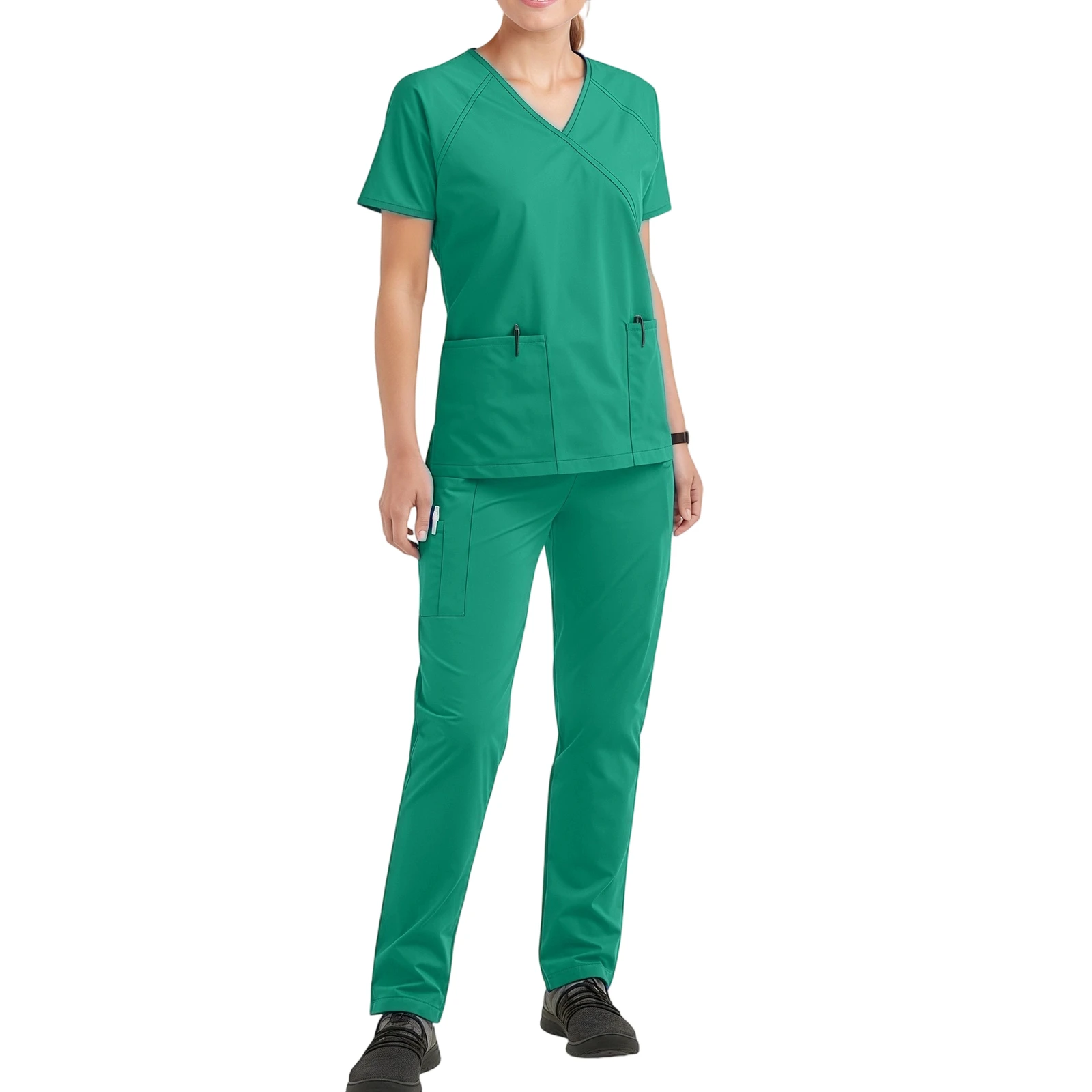 Conjunto de enfermera para mujer, cuello en V, manga corta, multicolor, bolsillo con cremallera, pantalones largos, uniforme médico, ropa de trabajo profesional acogedora