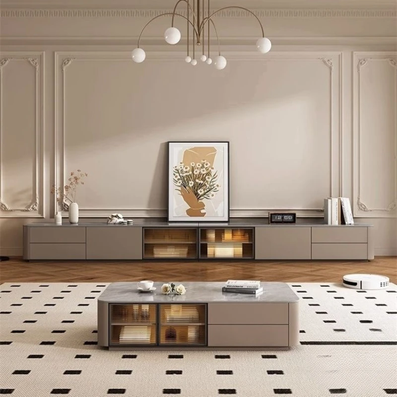 

Solid wood floor-to-ceiling TV cabinet French light luxury high-end rock slab platform