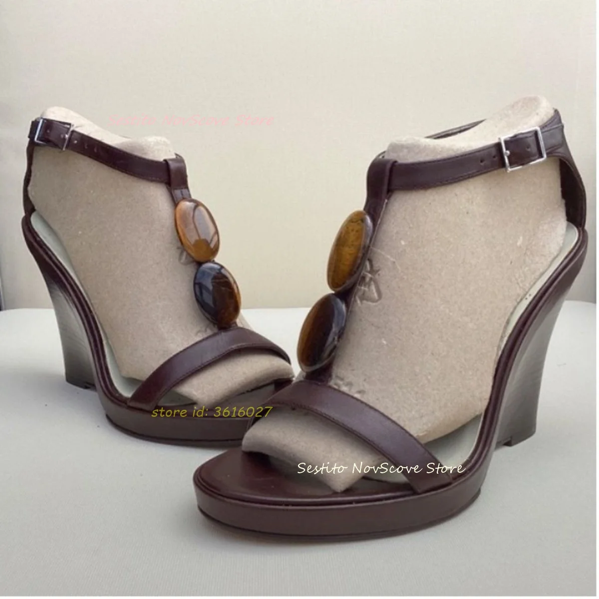 

Brown T Straps Wedges Sandals Slender Upper Ankle Buckle Shallow Sandals Colorful Stone Decor Sexy Women Classic Party Shoes