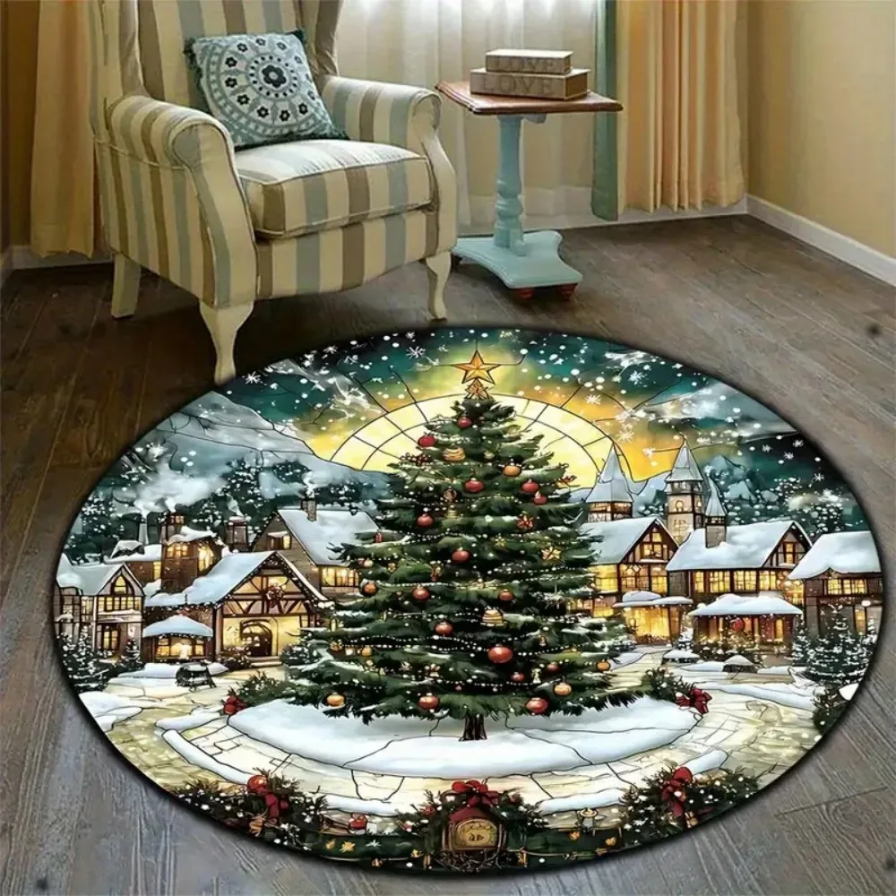 Christmas Tree Winter Village Round Area Rug Soft Carpet Snow Town Xmas Holiday Print Mat for Living Room Bedroom Home Decor