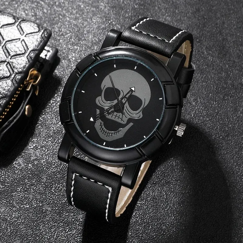 New Fashion Skull Watch Set Men Casual Sports Watches Men's Leather Strap Quartz Wrist Watch Fashion Business Men Watch Relogio