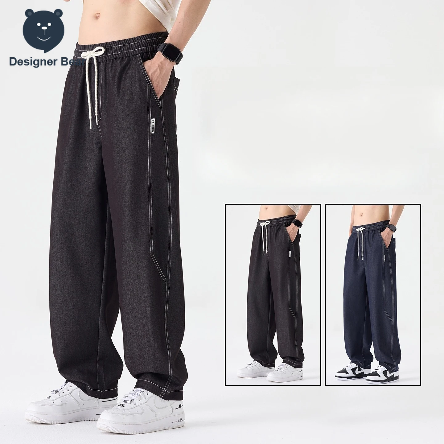 

Summer Baggy Original Color Curved Jeans Wide Leg Anti Wrinkle Durable Long Trousers Men Harajuku Denim Pants Plus Size M-5XL