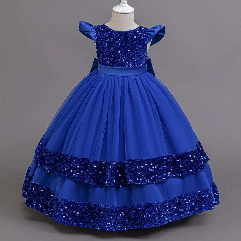 Girls sequined big bow princess dress fashionable small flying sleeves puffy skirt birthday party stage performance host wedding