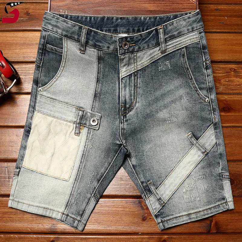 

High-End Locomotive Denim Shorts for Men2024Summer Fashion Personality Stitching Design Casual Stretch Retro Cropped Pants