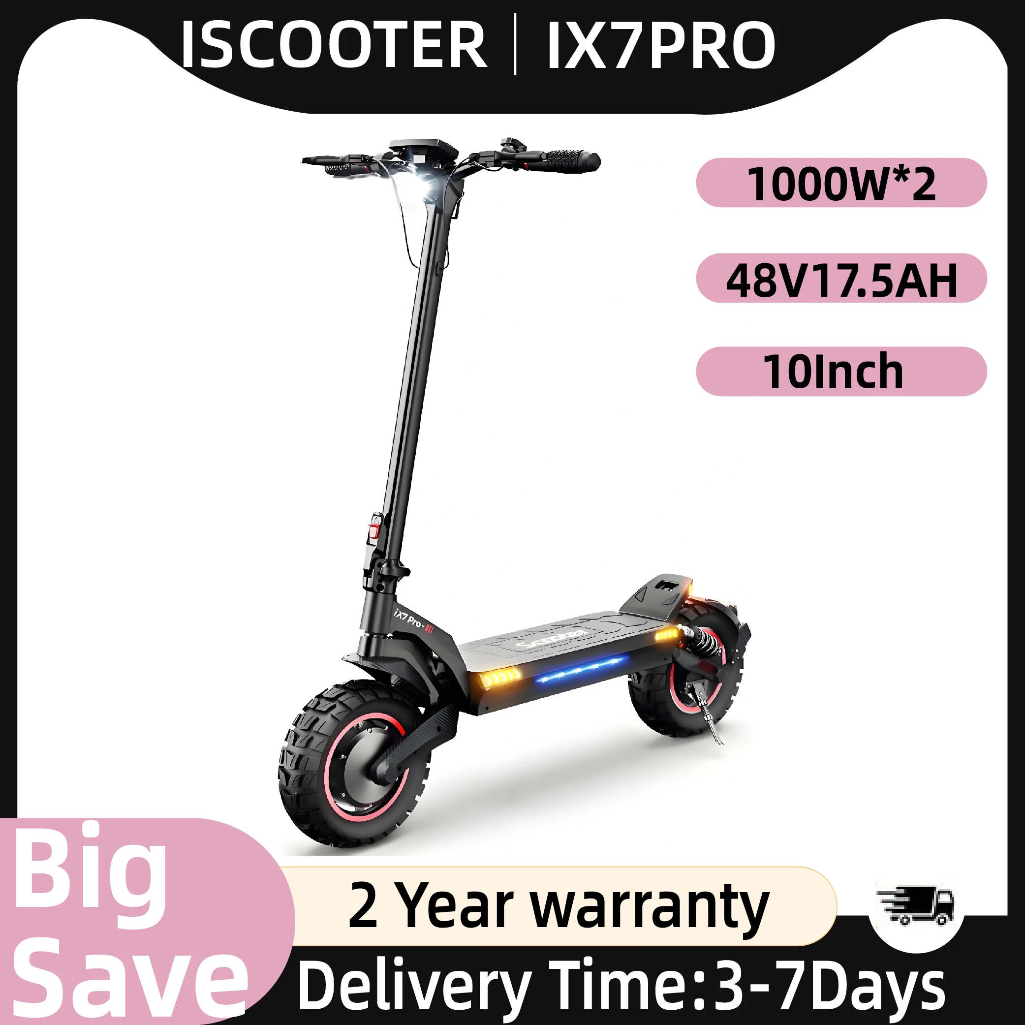 Trottinette électrique ISCOOTER IX7PRO pour adultes, moteur 1000W*2, E-Scooter 48V17.5AH, pneus tout-terrain de 10 pouces, trottinette électrique tout-terrain