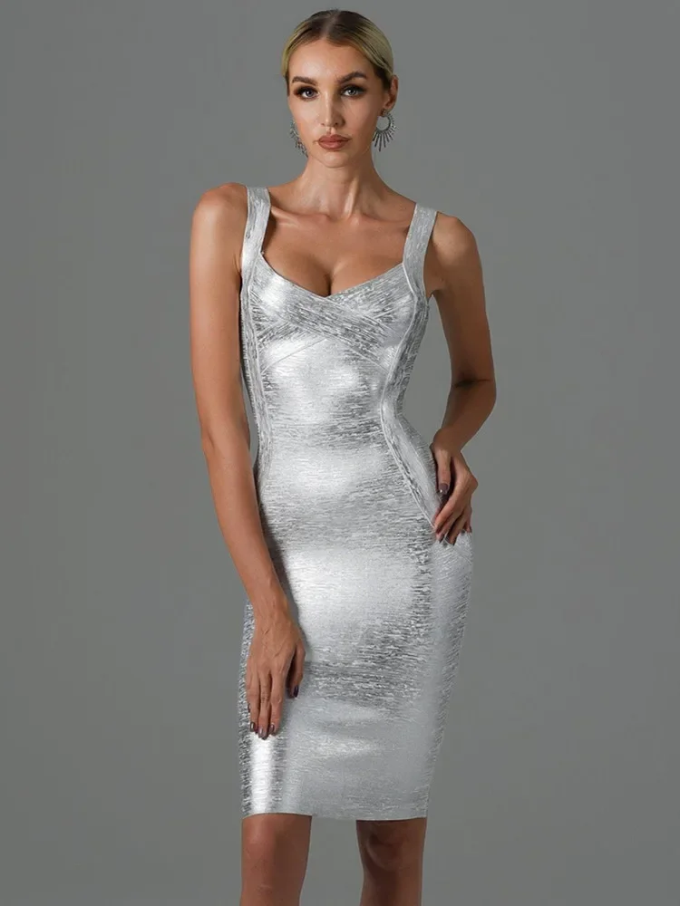 

New Women Summer Style Sexy Sleeveless Backless Gold Silver Bronzing Midi Bodycon Bandage Dress 2022 Elegant Evening Party Dress