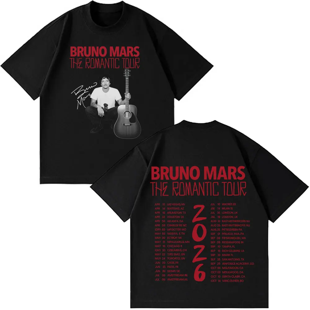 rapper Bruno Mars Romantic Tour 2026 Graphics Tees Men Women Vintage T-shirts Short-sleeved Cotton Loose Hip-hop O-Neck T-shirts