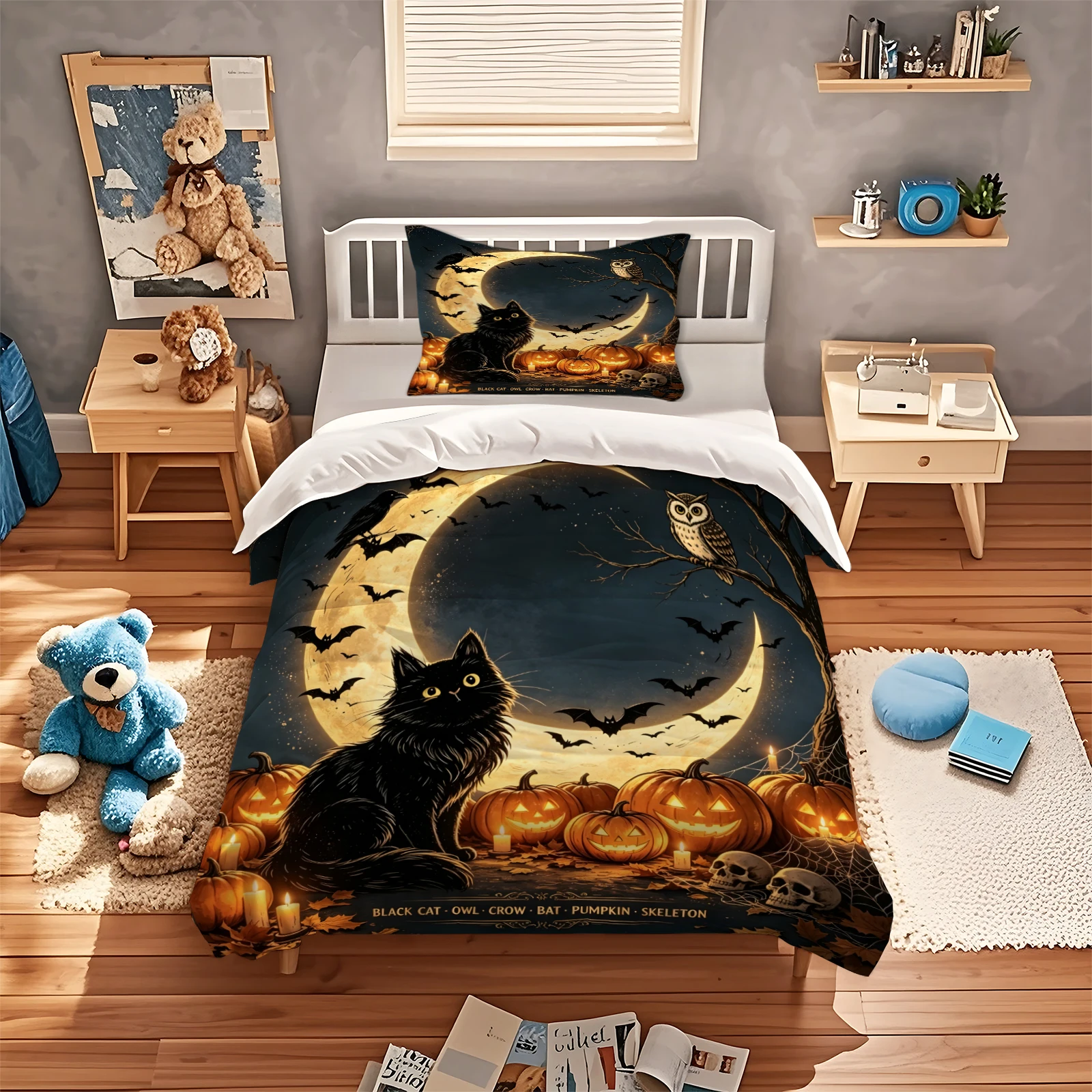 Halloween Black Cat Duvet Cover Set Moon Pumpkin Bat Owl Skull Bedding Set Night Scene Quilt Cover Pillowcase Polyester Bed Line