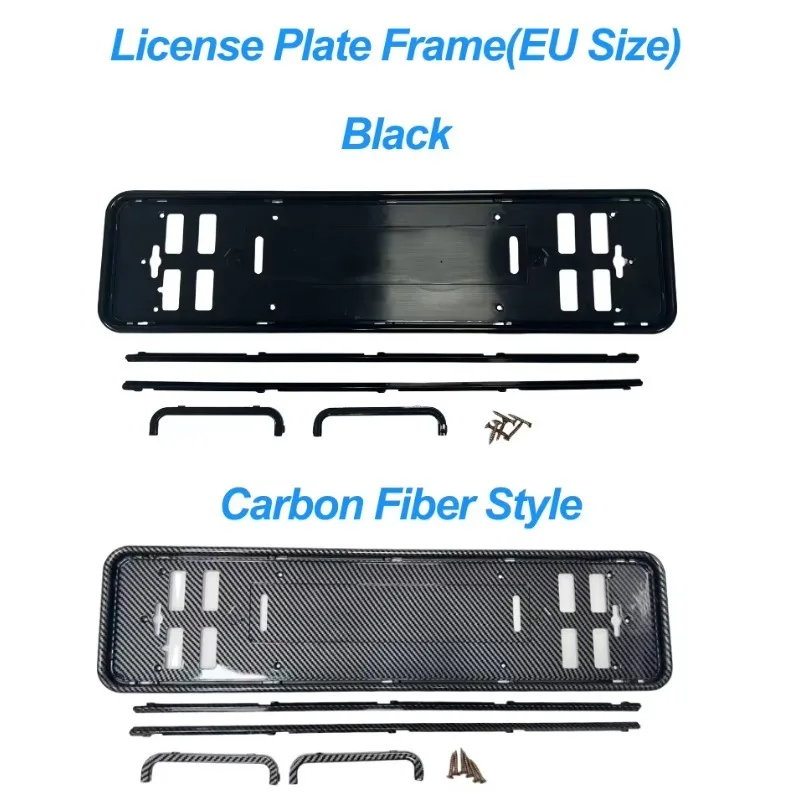 EU Size Universal Carbon Fiber Style License Plate Frame Black ABS Car Plate Holder Stainless Steel Clamp Weatherproof