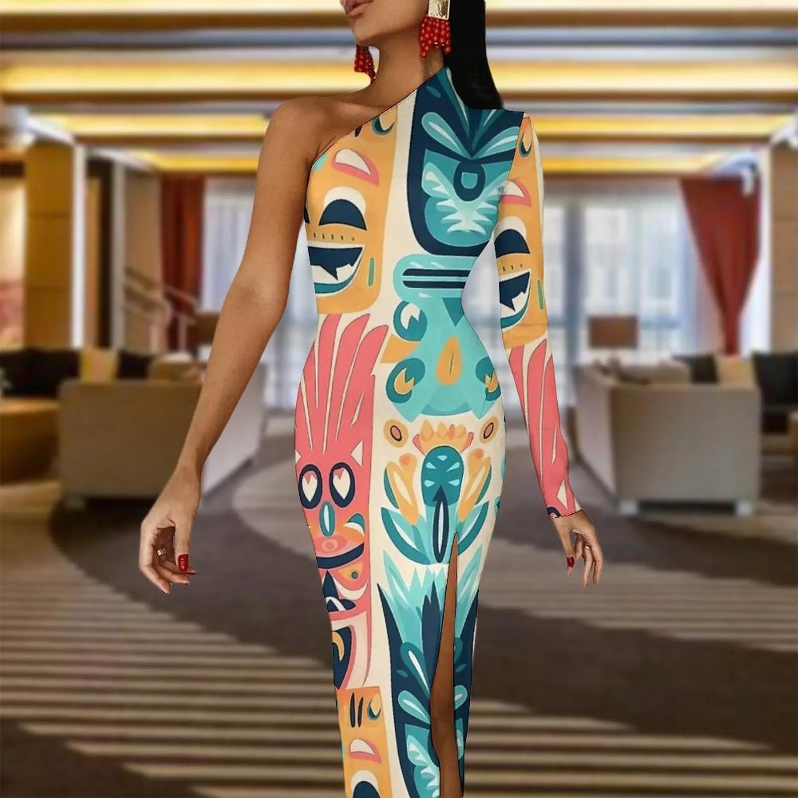 Hawaiian Bodycon Dress Female Tropical Tiki Flowers and Plants Maxi Dress One Shoulder Aesthetic Custom Dresses Birthday Present