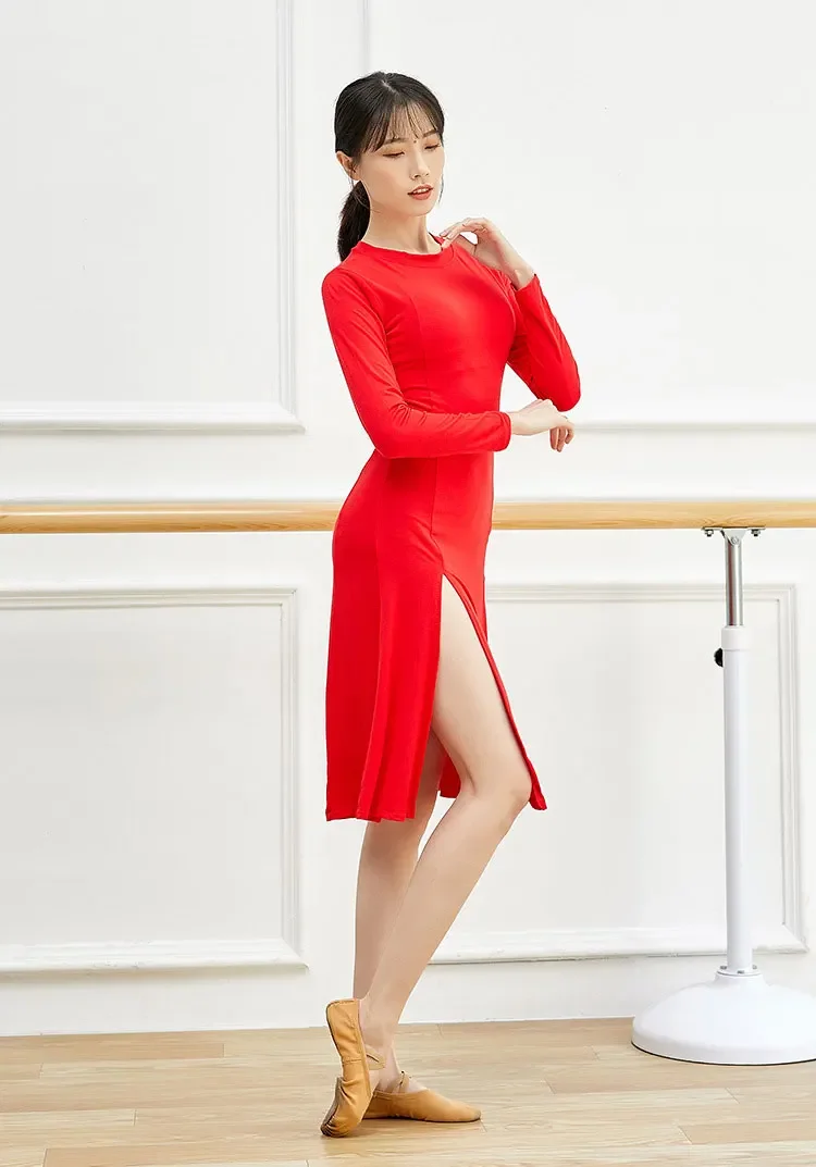 Women Sexy Hem Slit Design Dance Dress for Madam Latin Dance Wear Modal Waltz Long Modern Costumes Adult Training Clothing Dress