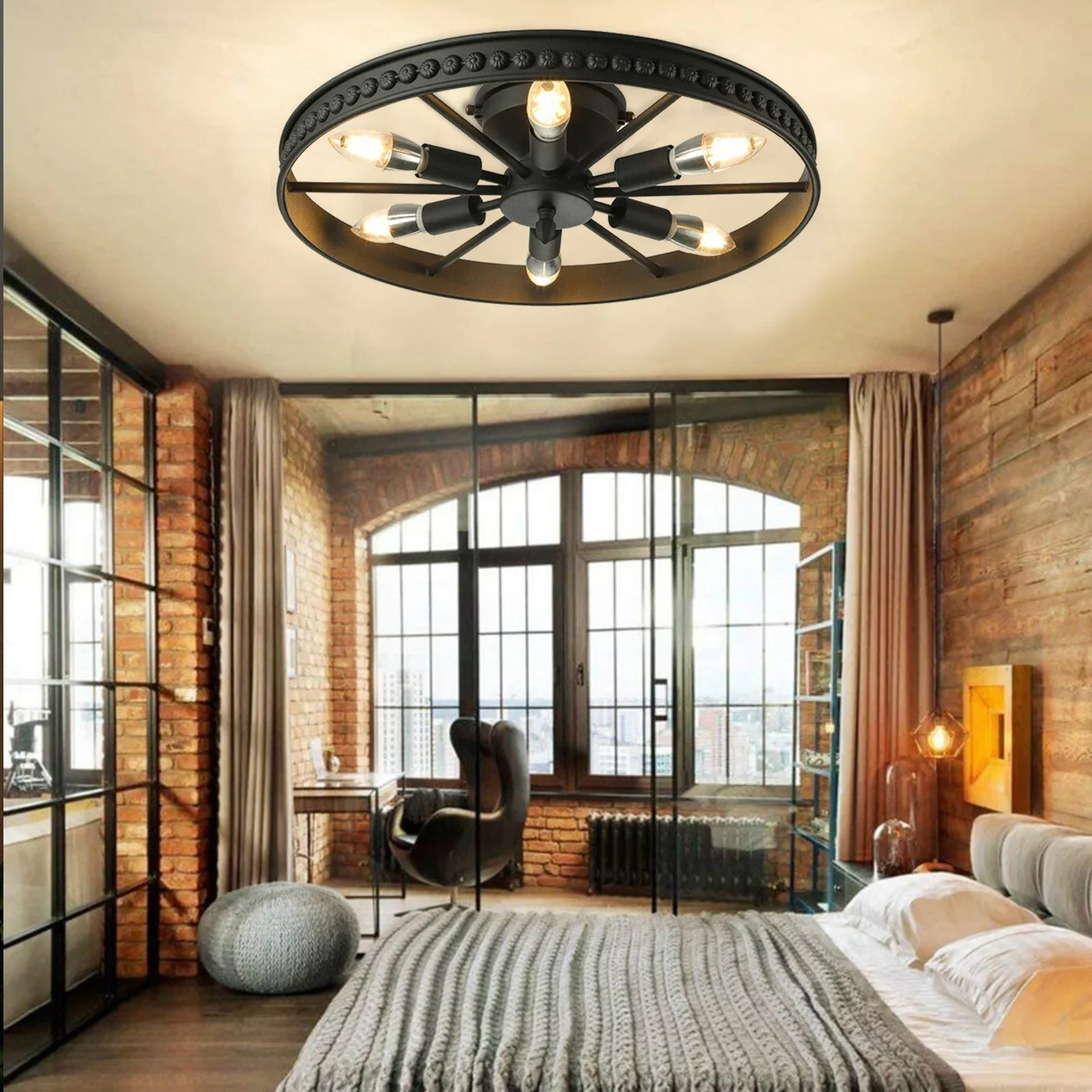 

Semi-recessed Industrial Wagon Wheel Chandelier Rustic Ceiling Light Indoor Lighting Fixture With 6 Lamp Holders For Kitchen Bar