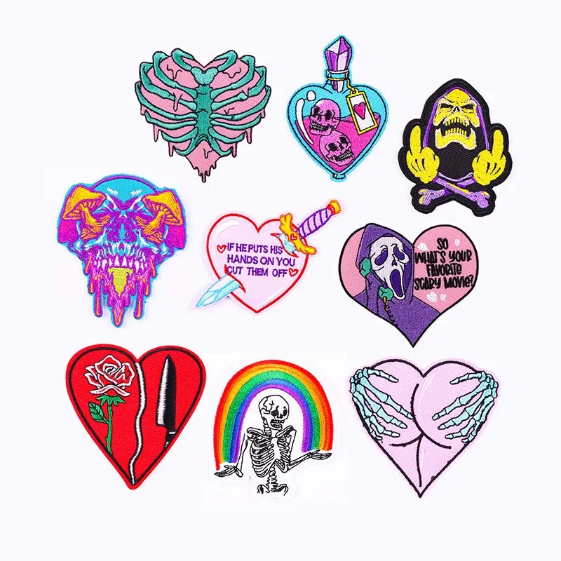 Punk Designer patches Cloth Heart Skull Badge Embroidery Applique Iron On Patch,Heat Transfer stickers For T Shirt,Clothing