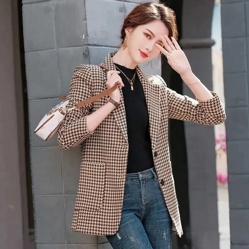 5XL Large Size Plaid Blazers Women Jacket 2024 NEW Spring Autumn Slim Suit Outerwear Korean Notched Collar Single Breasted Tops