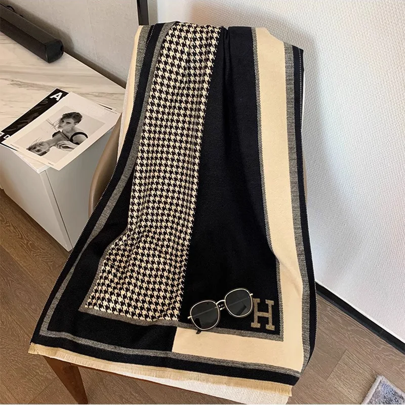 وشاح دافئ للخريف والشتاء حرف H، شال مكيف الهواء من الكشمير الصناعي بنمط ألف طائر، وشاح للسيدات #3