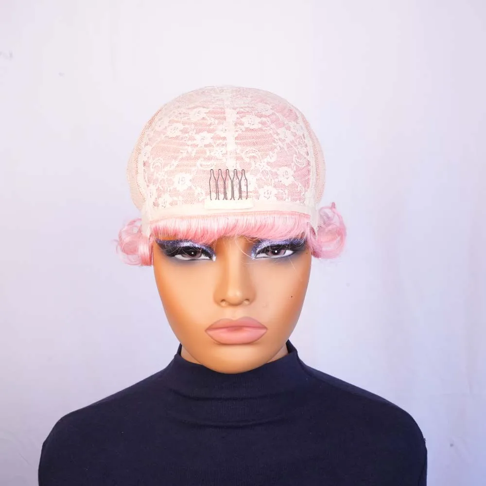 Wig Rambut Manusia Pendek dengan Poni Wig Potongan Pixie Pink untuk Wanita Kulit Hitam Rambut Manusia Remy Gaya Rambut Berlapis Wig Buatan Mesin