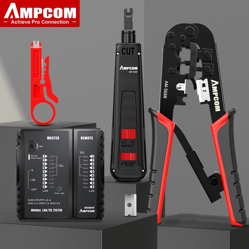 TAIWAIN Network Cable Crimping Tool Kit – RJ45/RJ11/RJ12 Crimper, Tester, Stripper, Punch Down Tool – For CAT5/CAT6 Ethernet & Phone Lines (Red)