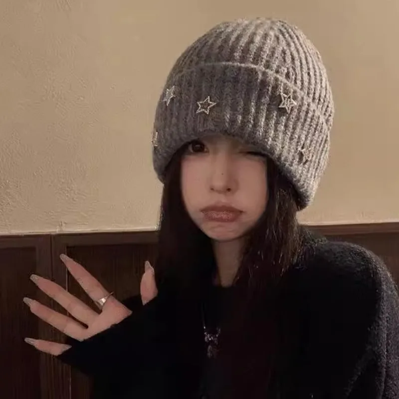 الكورية الأزياء المعادن ستار قبعة المرأة الأذن حماية البلوز قبعة الشتاء الدافئة محبوك قبعة الصلبة الصوف الكروشيه بونيه Skullcap #4