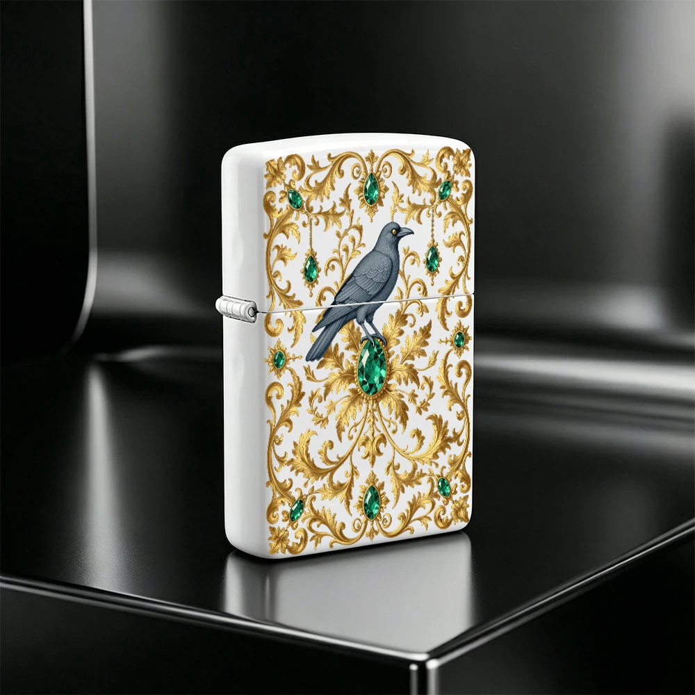 Gothic Raven Flip - Top Lighter, Emerald Green Gem Gold Scroll Pattern, Vintage Decor for Men's Cigarette Case - view 5