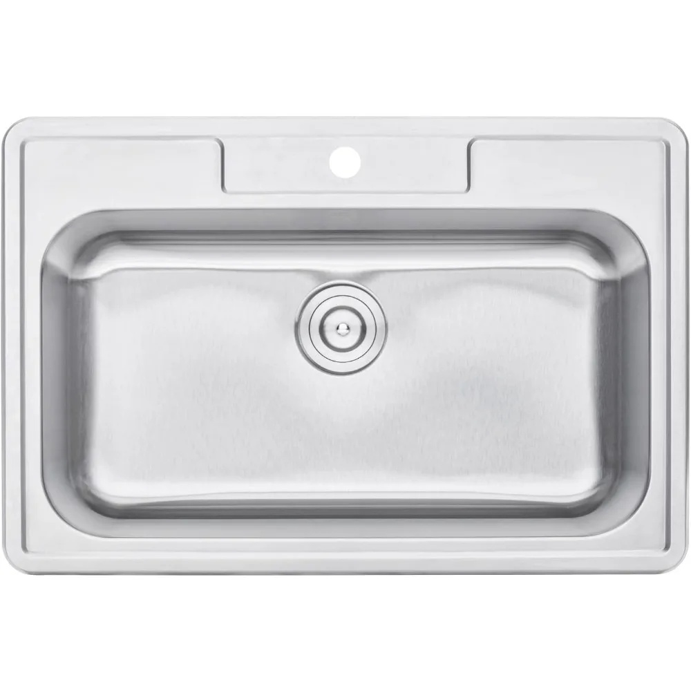스테인리스 스틸 33인치 싱글 볼 주방 싱크대 (수전 구멍 포함) - 18게이지 탑마운트 드롭인 싱크대 (가정용 조리 공간)