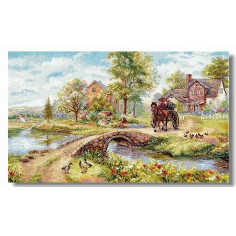 Amishop Top Quality Lovely Cute Counted Cross Stitch Kit Sunday Travel Village Country Life Carriage River Bridge