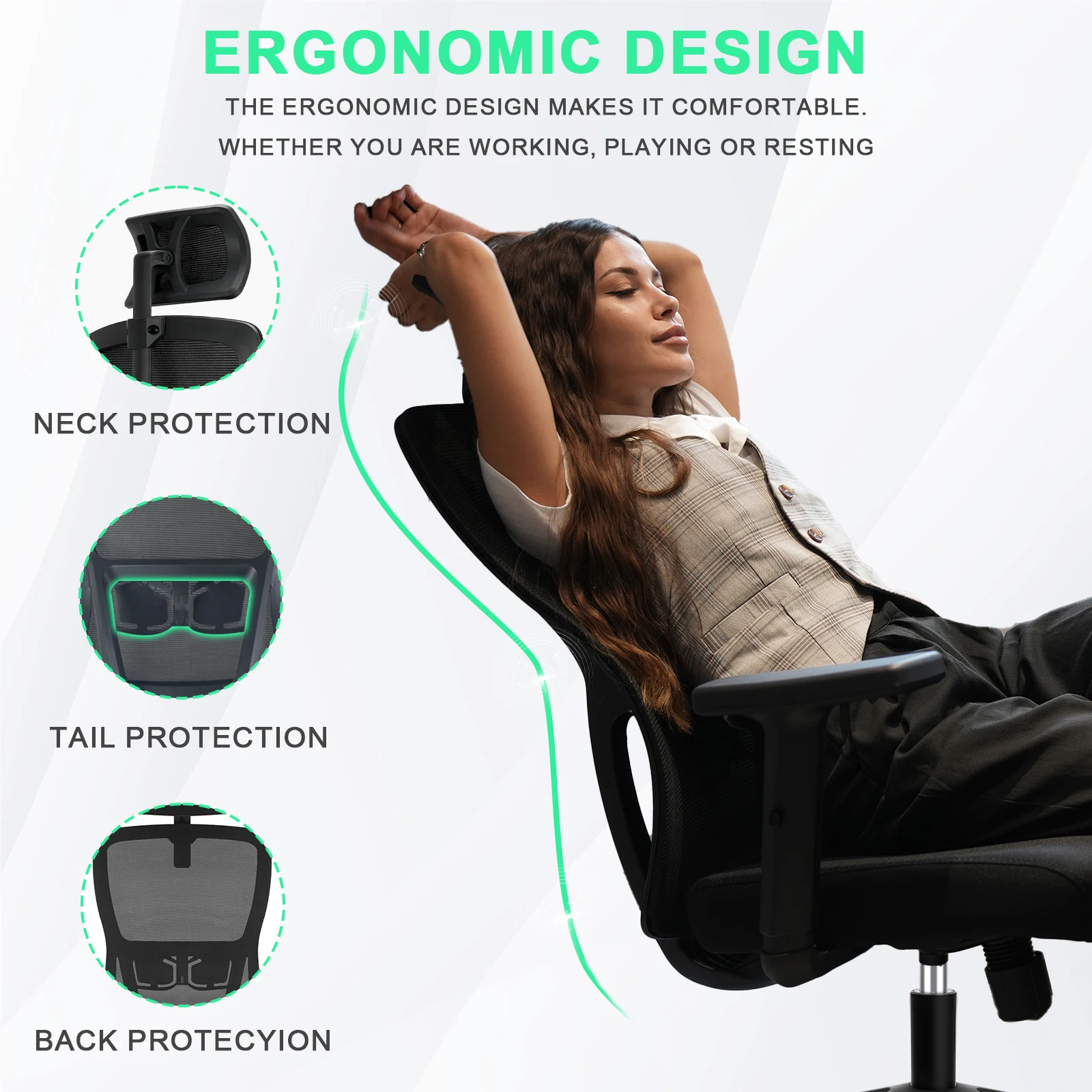 Durrafy Ergonomischer Bürostuhl, Schreibtischstuhl mit verstellbarer Kopfstütze, Armlehnen und Lendenwirbelstütze, drehbare Netzstühle, Schwarz – Detail 2