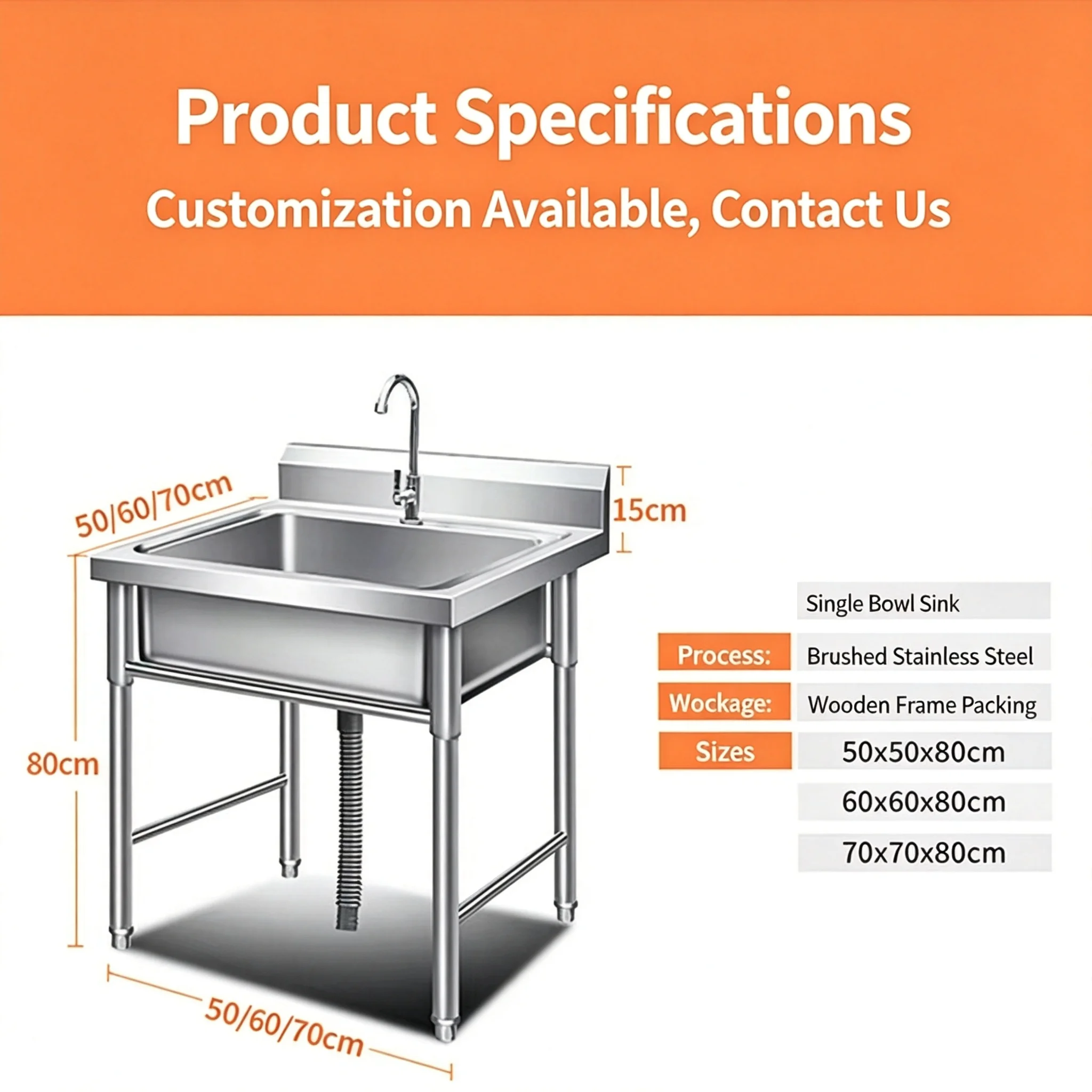Free Standing High-End Fabricated Whole Body 100% Stainless Steel 304 Wash Basin Kitchen Sink with Single Groove