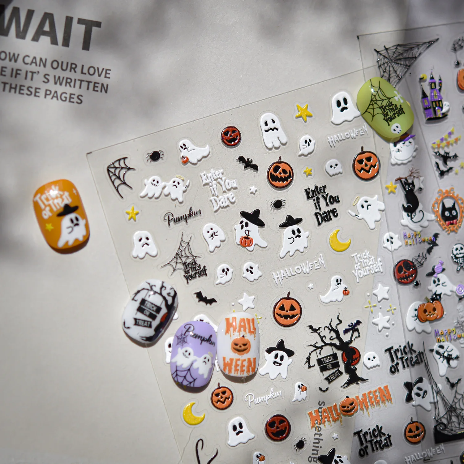 # 2025 5D Halloween fantômes/citrouille/chat noir autocollants pour ongles 8x10 cm dessin animé chat effrayant toile d'araignée décalcomanie amusant effrayant crânes curseur & *