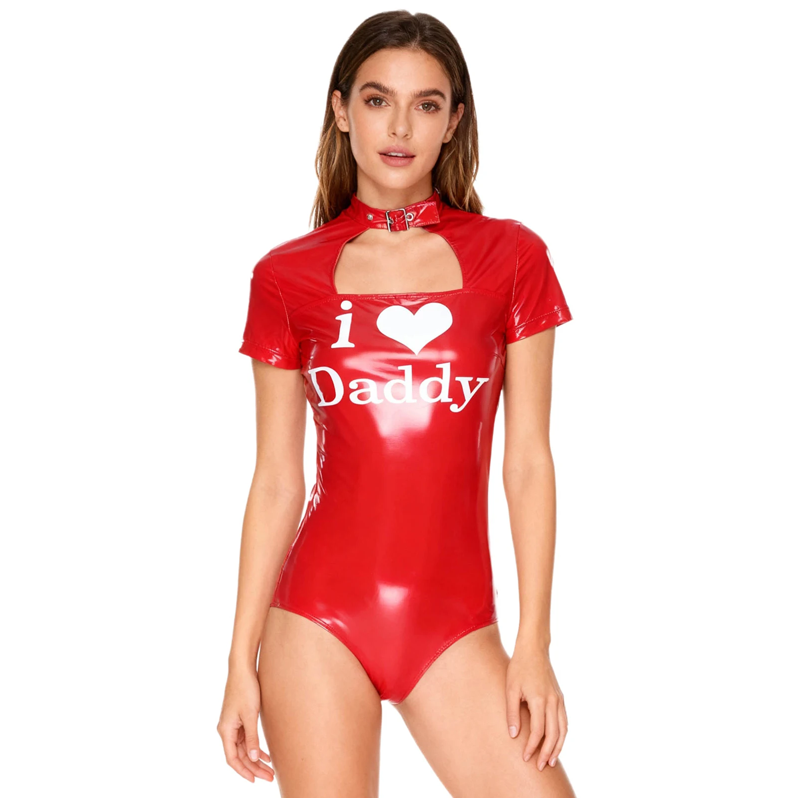 

Women Alluring Letter Print PU Bodysuit Front Hollow-out Short Sleeve Openable Crotch Glossy Jumpsuit Clubwear Dating Nightwear