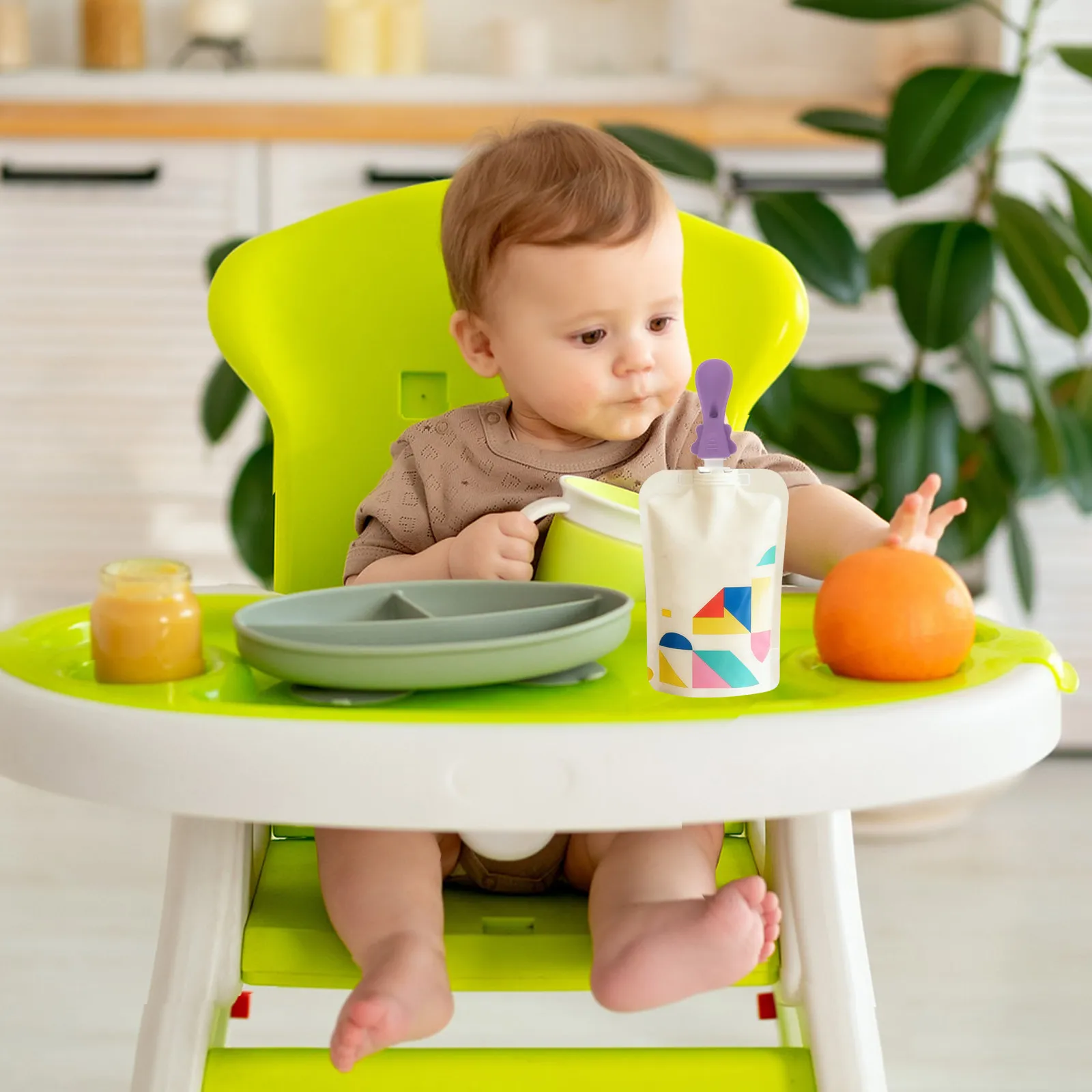 

5Pcs Silicone Baby Pouch Spoon Attachment Set Soft Tip Food Pouch Topper for One-Handed Feeding Travel-Friendly Non- Infant