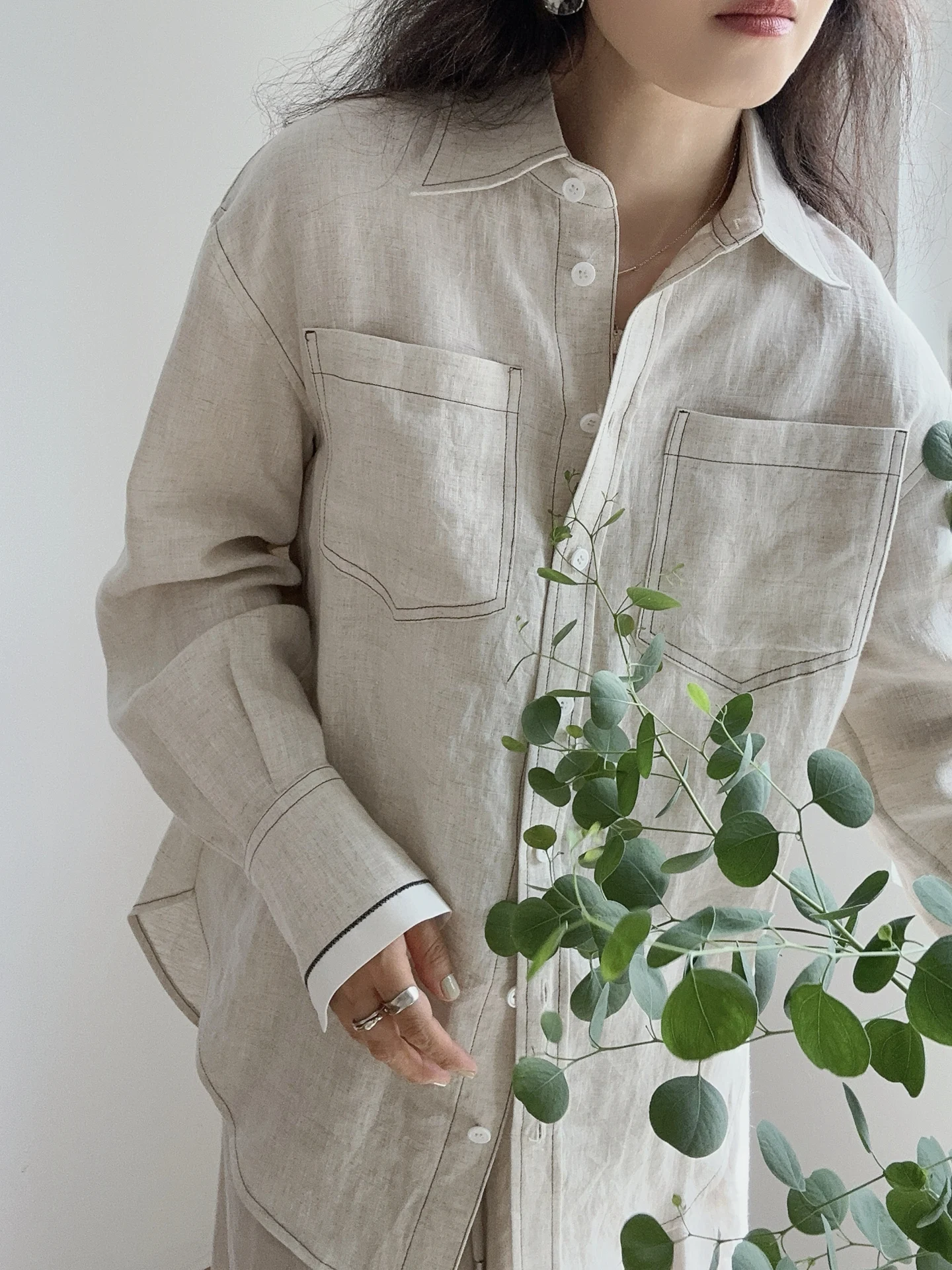 

Ele Long Sve Linen irt Women's Faion Summer 2025 Pearl Embellied Sve Sun Protection Loose Fit Open Cardigan