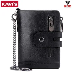 KAVIS Genuine Leather Wallet for Men RFID Blocking Card Holder Purse Short Double Zipper Coin Pocket Male Bifold Chain Billetera