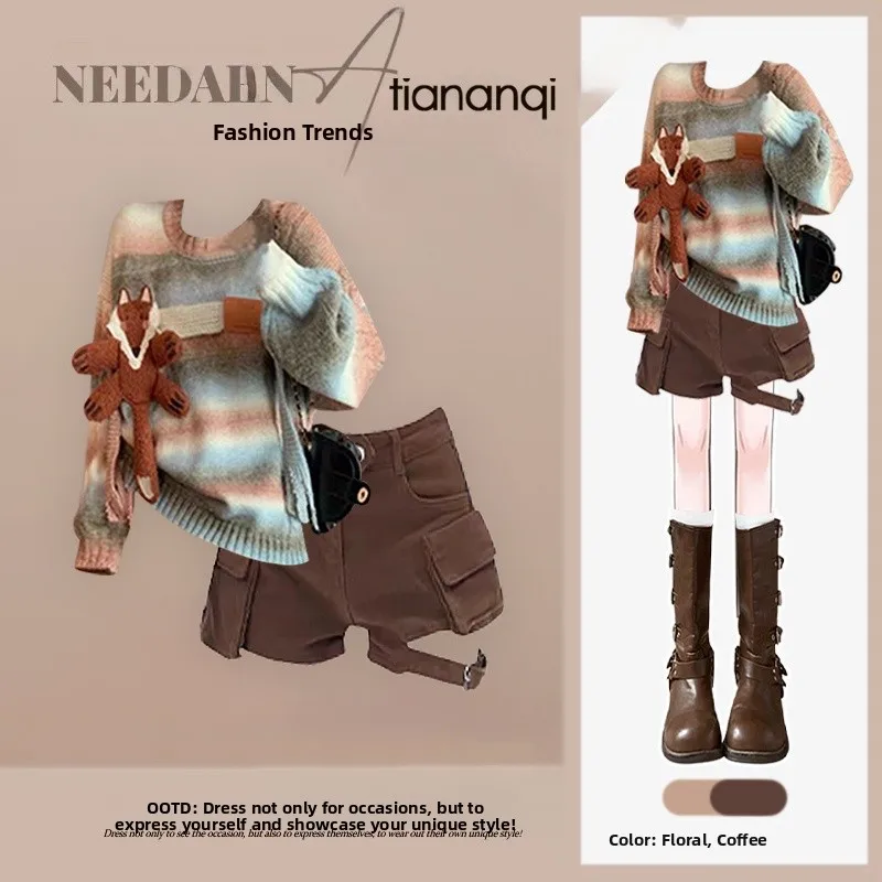 

Fall Fashion Loose Gradient Stripe Sweater High Waist Short Pants Two-Piece Set Women's High Waist Striped Sweater Set