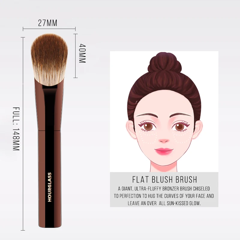 Hourglass Makeup Brush - Flat Blush Brush Natural Bristles Cosmetic Brush for Powder Bronzer Blusher