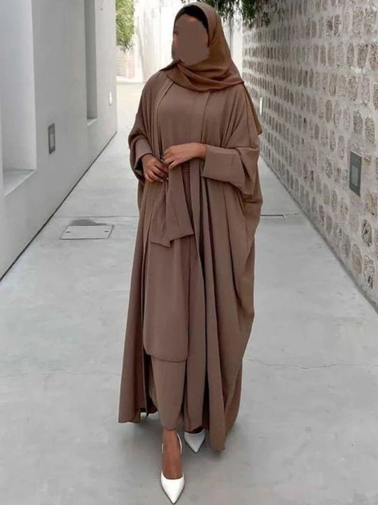 Dubai 2 Piece Muslim Woman Set Batwing Kimono&Tiered Long Dress Islamic Clothing Saudi Abaya Ramadan Eid Turkish Matching Outfit