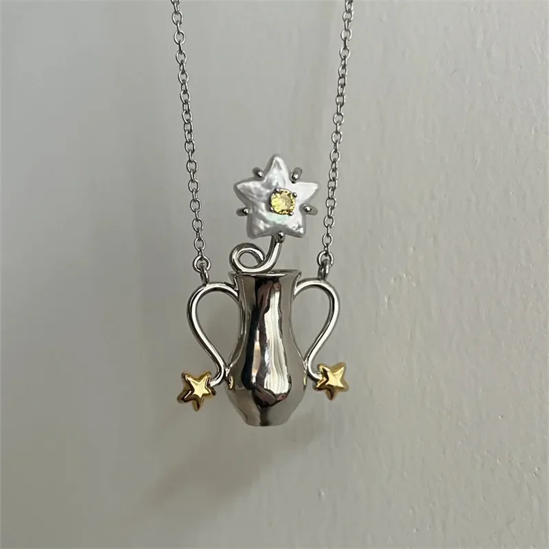 

Bright Silver Color Imitation Colorful Fritillaria Star Cross Waist Vase Pendant Necklace Women A Striking and Cute Fun Necklace