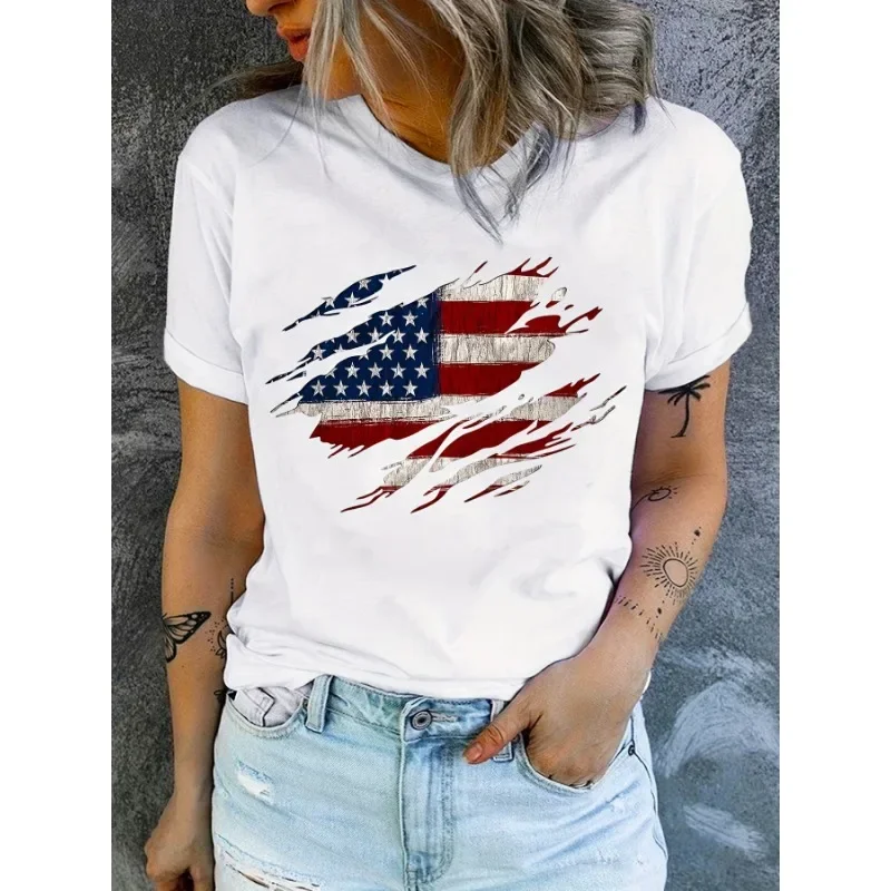 Camiseta con estampado de bandera americana para mujer, Top informal de manga corta con cuello redondo, ropa informal para verano y primavera