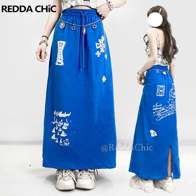 

REDDACHiC Klein Blue Drawstring Sweat Skirt Graffiti Print Casual A Line Elastic Waist Maxi Long Skirt Women Y2k Vintage Clothes