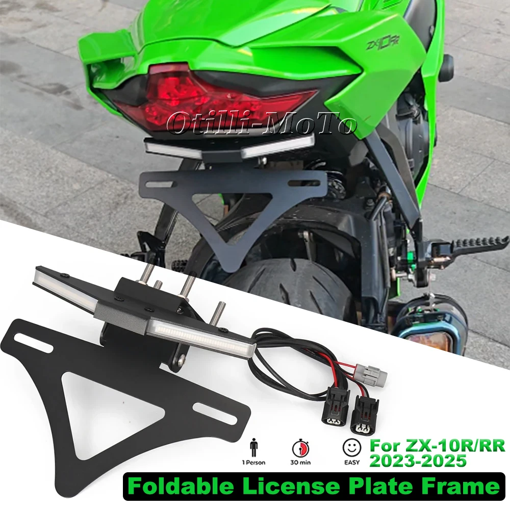 

For Kawasaki Ninja ZX10R ZX10RR 2023-2025 Motorcycle Aluminum LED Turn Signals Foldable License Plate Frame Holder Bracket