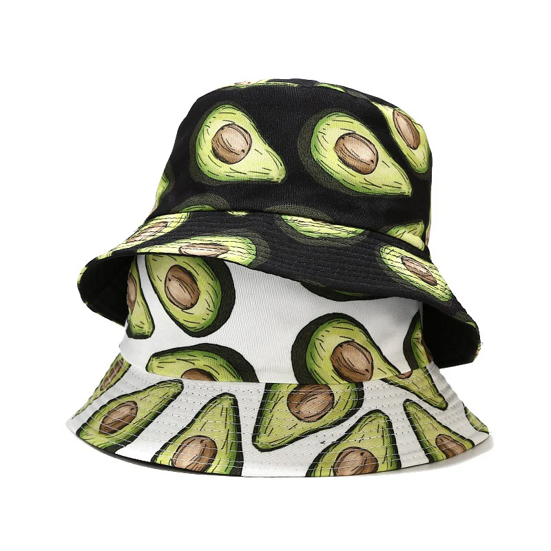 Bocca Cartoon Avocado Printing Bucket Hat Fruit Pattern Fisherman Hats Double Sides Panama Cap Unisex Summer Outdoor Cap Hip Hop