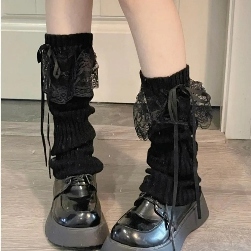 Japanese Lolita Leg Warmers Knitted JK Knee Warmers Autumn Winter Lace Bow Long Socks Daily