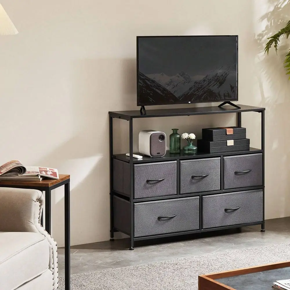 

5 Fabric Drawer Dresser TV Stand For Bedroom, Entertainment Center For 45 Inch TV With Storage Drawer Unit, Open Shelf, Adjusta