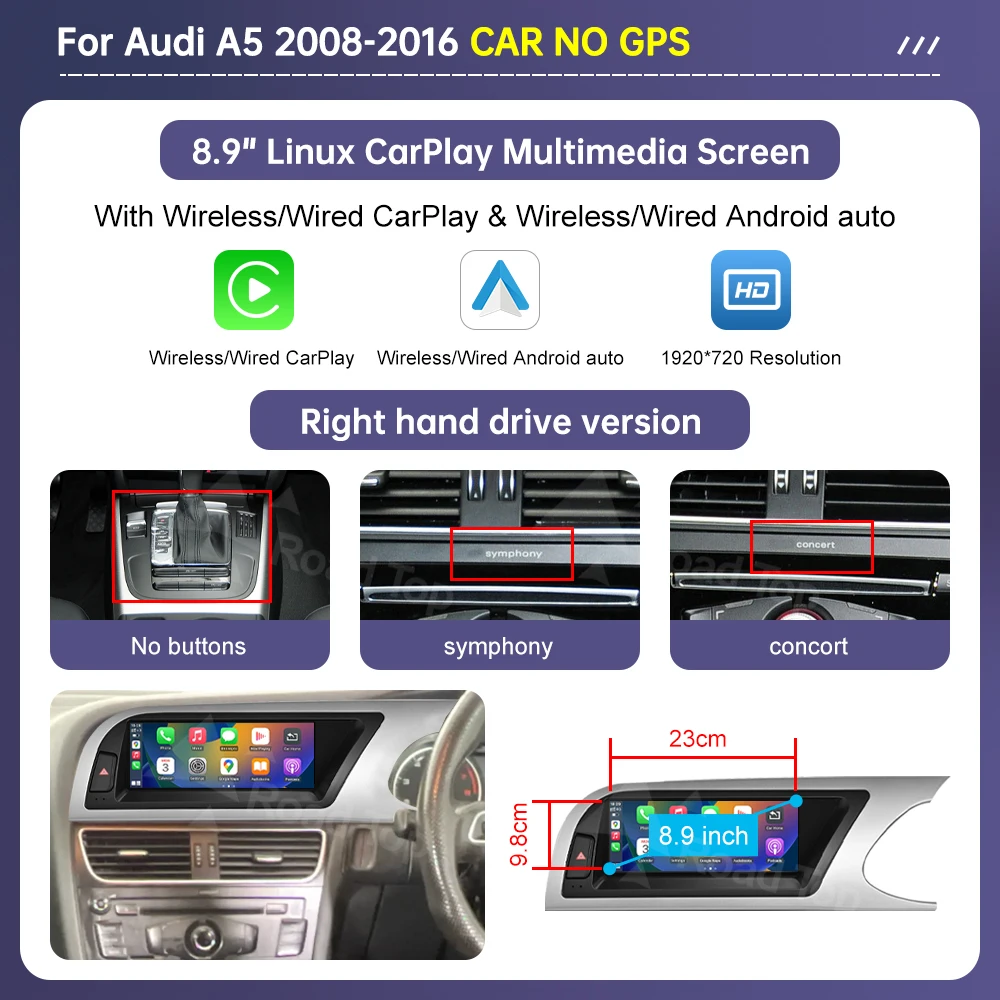 Road Top Radio Multimedia Linux Touch Screen For Audi A5 2008-2016 Wireless CarPlay Android Auto Airplay Car Player Function image 3