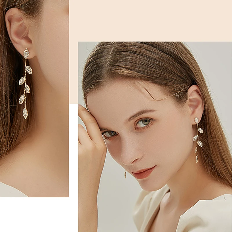 Luxury Rhinestone Crystal Leaves Long Tassel Earrings for Women Bridal Dangling Party Wedding Jewelry Micro Inlaid Cubic Zircon