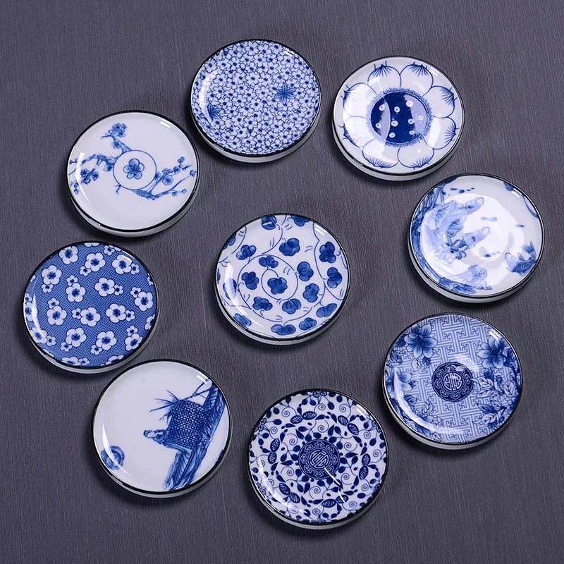 Four-Piece Ceramic Tea Set with Coasters Heat-Resistant Anti-Scald Cups Saucers Retro Blue White Porcelain Tea Tray Home Decor