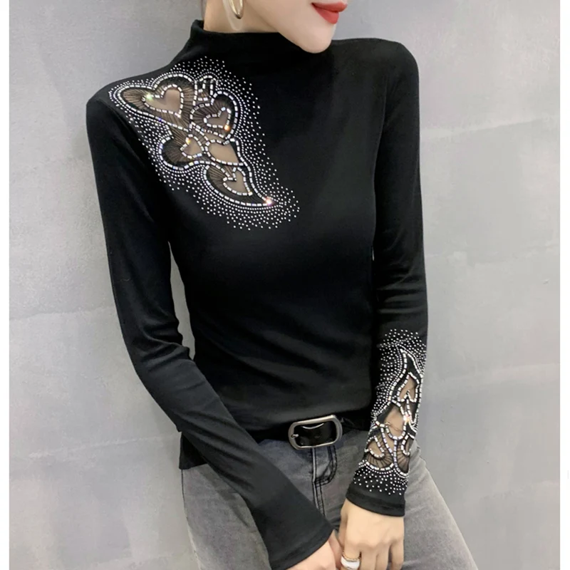 New Autumn Winter Long Sleeved Women's T-Shirt Fashion Hollow Out Hot Drilling Black Lace Tops Tees