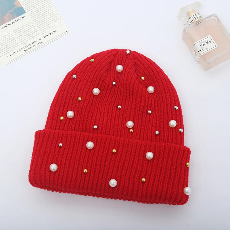 Gorro de punto con perlas de diamantes de imitación para mujer, gorro cálido informal para exteriores, gorros de punto para mujer, Color sólido,